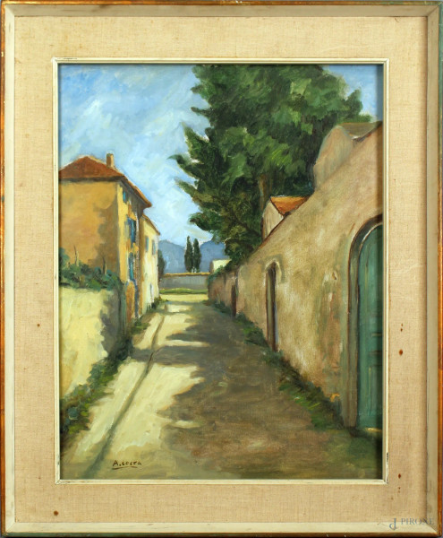 Scorcio di viale, olio su tela, cm. 50,5x40,5, firmato, entro cornice.