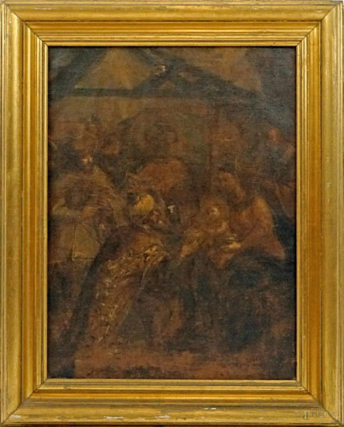 Pittore del XVIII secolo,  Adorazione dei  Magi, dipinto ad olio su tela double face,  cm 62,5x47, entro cornice, (difetti).
