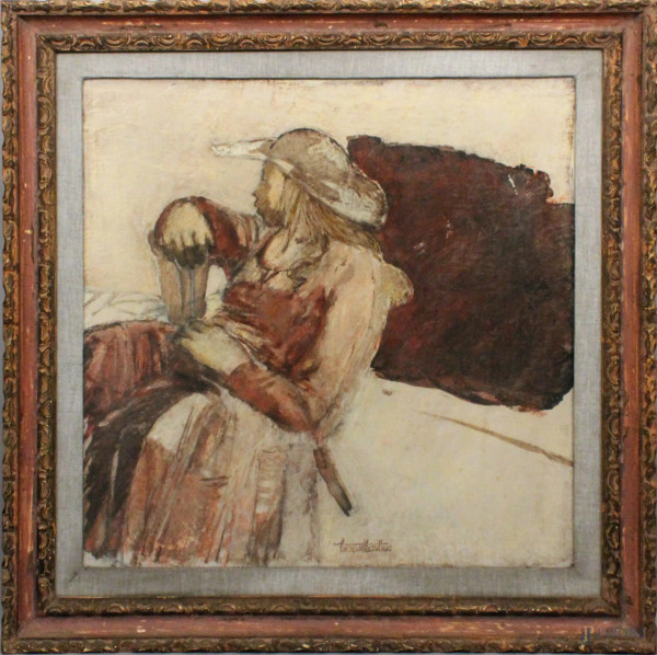 Americo Mazzotta - Figura seduta, olio su tela, cm 70x70, entro cornice.