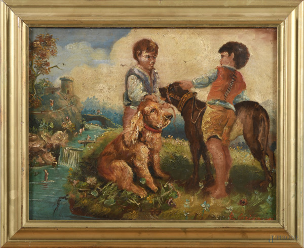 Quattro amici, XX secolo, olio su faesite, cm 30x39, firmato in basso a destra, entro cornice, (segni di usura, difetti)