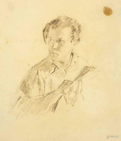 Attr. A Paolo Ghiglia (Firenze 1905 - Roma 1979) , Ritratto, carboncino su carta, cm 30,5x26,5, cm 30,5x26,5