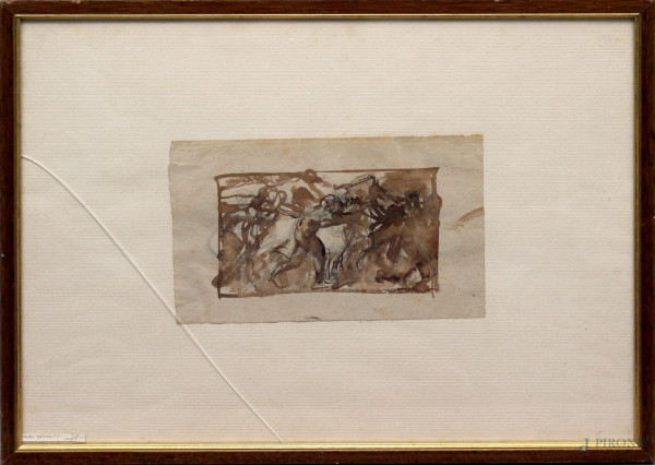 Bozzetto con putti, china su carta, 10x16 cm, siglato.