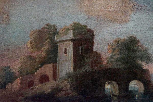 Pittore veneto del XVIII secolo, coppia di paesaggi fluviali con rovine e figure, cm 58x74, entro...