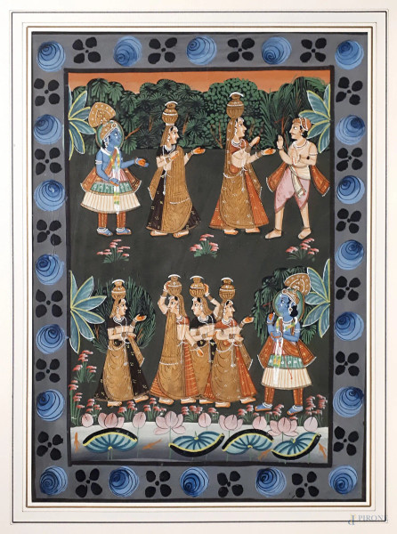 Arte orientale, Le ancelle in visita dal sultano,grande pittura miniata su tessuto, cm 45x60
