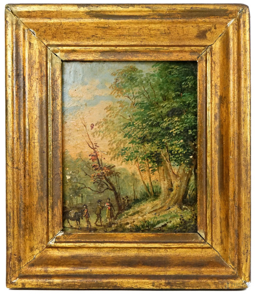 Bosco con figure, olio su tavola, cm 23x19,5, inizi XX secolo, entro cornice