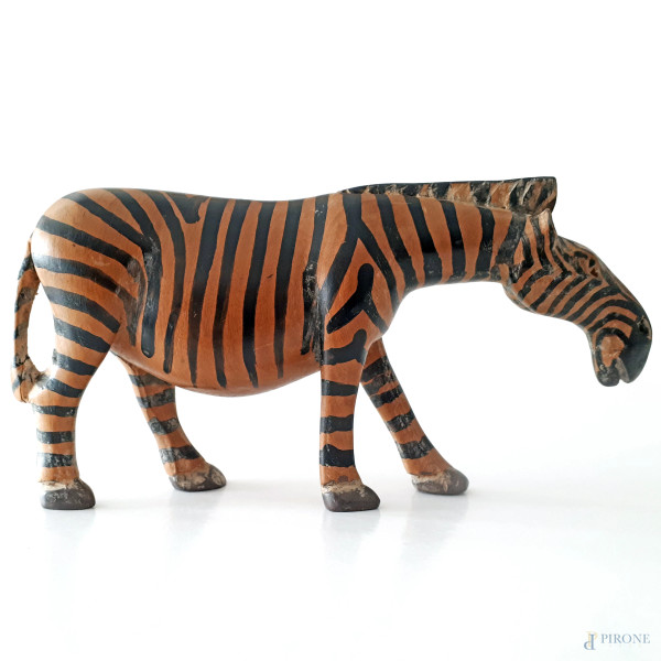 Scultura vintage raffigurante zebra in legno scolpito, primi anni 50, cm 10x20