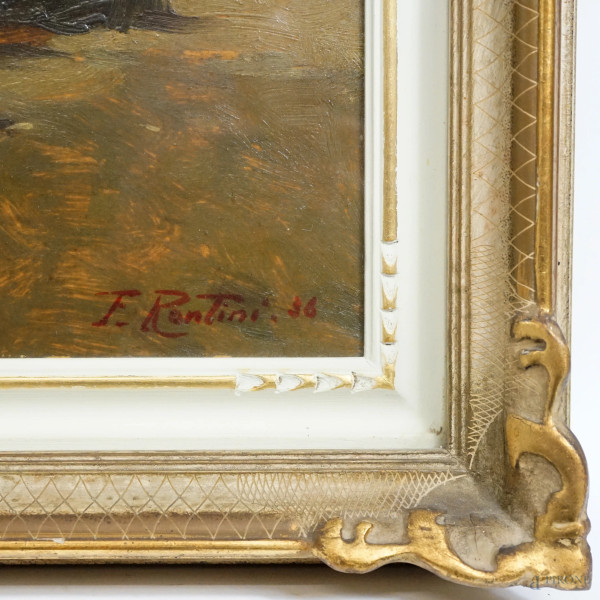 Galline e pulcini, olio su tavola, firmato e datato in basso a destra F. Rontini [19]36, cm 36,7x...