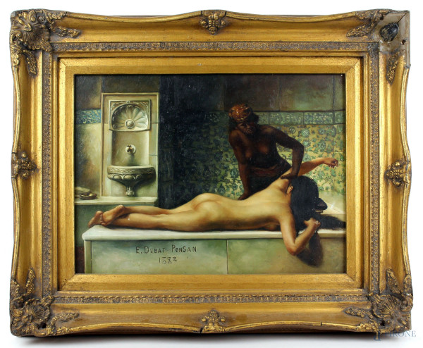 Da Édouard Debat-Ponsan (1847-1913), Il massaggio, olio su tavola, cm 30,5x41, entro cornice