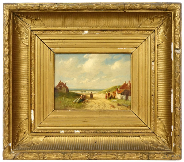 Paesaggio rurale con figure, olio su tavola, firmato in basso a destra, cm 13,2x18, entro cornice (difetti)