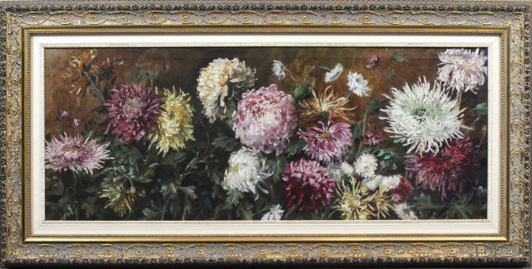 Natura morta-fiori, olio su tela, cm. 38x90, XX secolo, entro cornice.