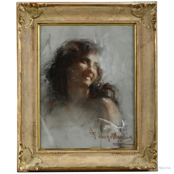 Francesco Longo Mancini (1880-1954), Ritratto di ragazza, pastelli su carta, cm 48x37, firmato in basso a destra, entro cornice, (ondulazioni della carta)