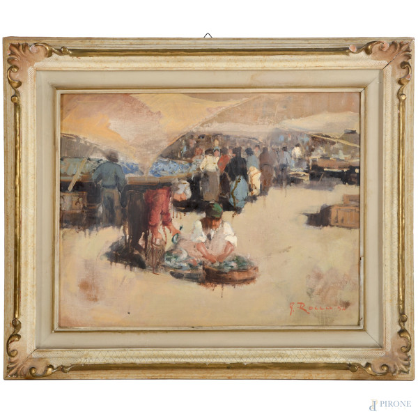 Mercato del pesce a Napoli, olio su tela, firmato e datato 54 in basso a destra, cm 40x50 entro cornice