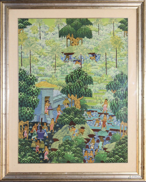Paesaggio con figure, olio su tela, 90x70 cm, entro cornice, arte orientale.