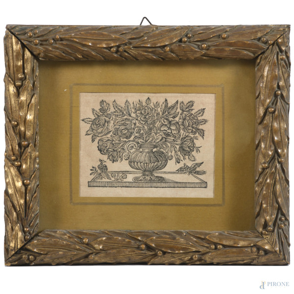 Vaso di fiori, XIX-XX secolo, stampa su carta, cm 13x16 compreso passepartout, entro cornice, (segni di usura, ondulazioni e ossidazioni)