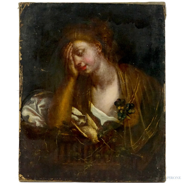Pittore del XVIII secolo, Fanciulla che piange il suo uccellino, olio su tela, cm 61x50