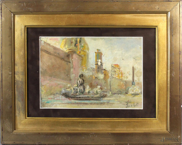 Scorcio di Piazza Navona, olio su cartone telato, cm. 19x27, firmato Bartoli, entro cornice.