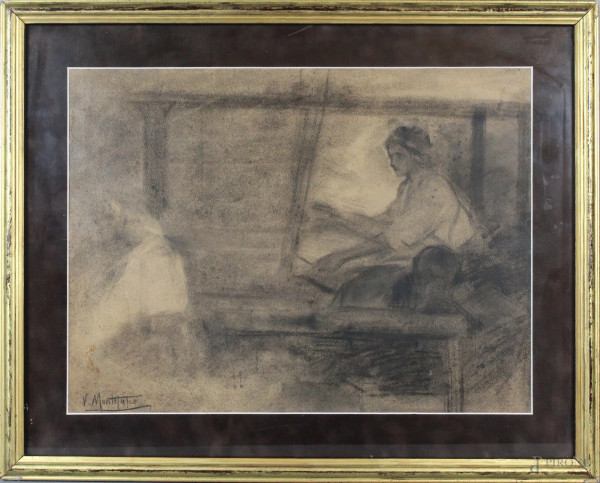 Donna all&#39;arcolaio, bozzetto a carboncino su carta, cm. 36x48, firmato V. Montefusco, entro cornice.