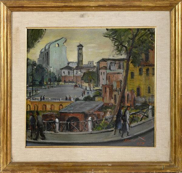 Federico Cilia, Scorcio di città, olio su faesite, XX secolo, firmato e datato in basso a destra "1955", cm 45x48 entro cornice