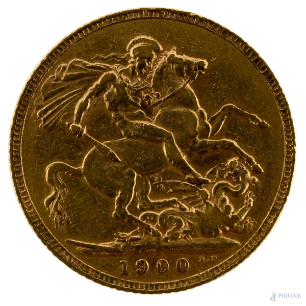 Moneta del 1900 in oro raffigurante la regina Vittoria e San Giorgio che uccide il Drago al retro...