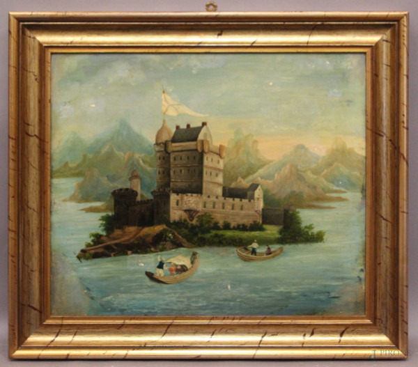 Castello del Nord Europa, olio su tavola, cm 44 x 52, entro cornice.