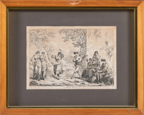 Lotto di tre incisioni da Bartolomeo Pinelli, XIX secolo, cm 34x44 compreso passepartout, entro c...