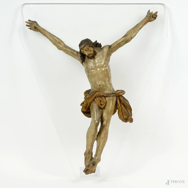 Cristo crocifisso in legno scolpito, laccato e dorato del XVIII secolo, cm 46x39, supporto in plexiglass,  (difetti e restauri)
