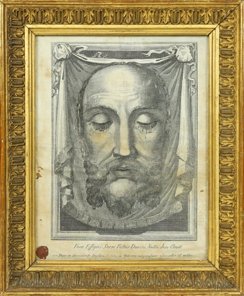 Il volto santo di Cristo, stampa su tela, timbro in ceralacca, XIX secolo, cm 33x25,5 circa, entro cornice