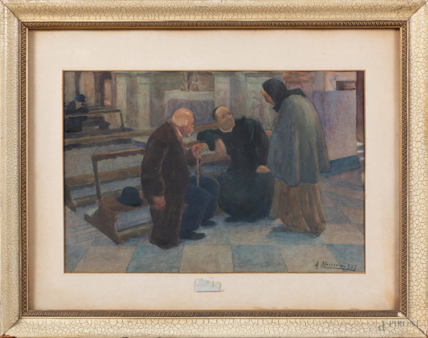 Amelia Mecherini (1890-1960), In chiesa, tecnica mista su carta, cm 24x38, firmato e datato 