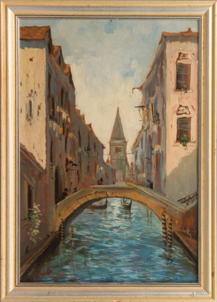 Scorcio di Venezia, olio su masonite firmato, cm 35 x 50, entro cornice.