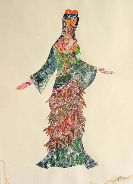 Artista del Novecento, Figura femminile con abito da parata, collage di vecchi francobolli su carta, cm 18x27, siglato in basso a destra    

