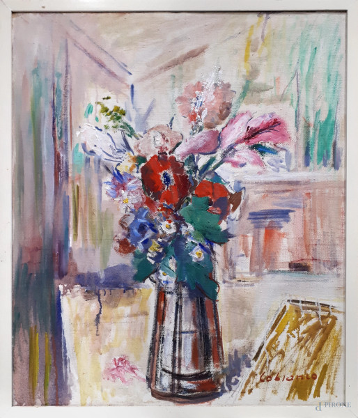 Luigi  Cobianco - Vaso con fiori, metà anni 50, olio su tela, cm 64x54, firmato, con cornice