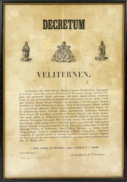 Decretum , documento del XIX secolo, cm 30,5x44,5, entro cornice