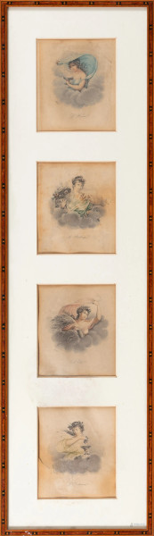Quattro stampe in unica cornice raffiguranti Allegorie delle Stagioni, XIX secolo, misure complessive cm 87x23 compreso passepartout, entro cornice, (segni di usura, tracce di umidità, foxing, ondulazioni e bruniture, difetti)