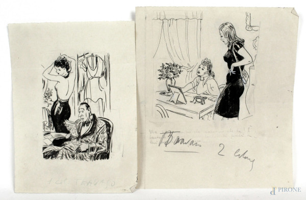 Luigi  Bompard - Due disegni raffiguranti scene diverse, china su carta, misure max cm 23,5x20