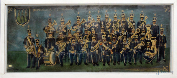Banda militare della Repubblica di S.Marino, olio su tavola, cm 29x70, firmato, entro cornice.