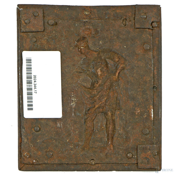 Antica placca raffigurante Marte, in metallo brunito, cm 14x11,8, (difetti)