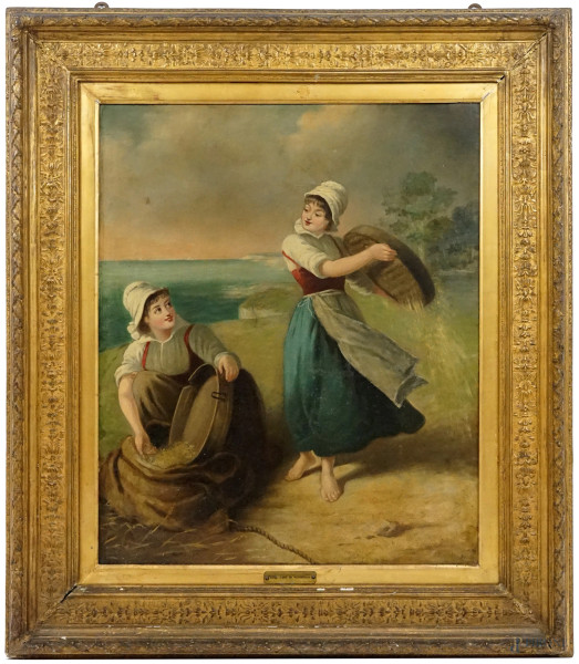 Pittore del XIX secolo, Tempo di semina in Normandia, olio su tela, cm 77x63, entro cornice, (restauri, difetti sulla tela).