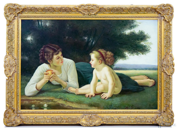 William-Adolphe Bouguereau (1825-1905) Copia da, Tentazione, olio su tela, cm 60x90, XX secolo, entro cornice.