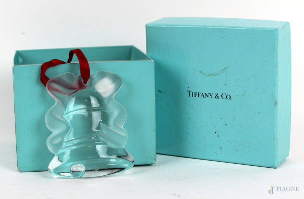 Tiffany decoro natalizio in cristallo a forma di campana, cm 7,5x6,5, marcato Tiffany 1997