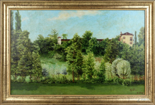 Paesaggio con villa, olio su cartone telato, cm. 32x51, firmato e datato, entro cornice.