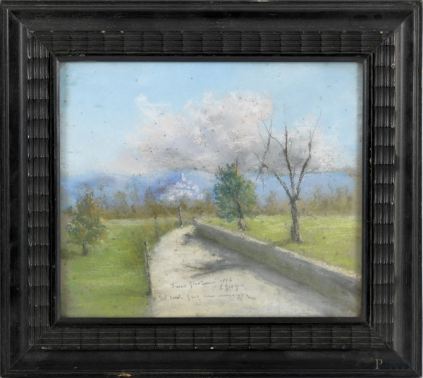 Paesaggio con strada, pastello su carta, XX secolo, iscritto in basso "Franco Giovanni 1936", cm 21x24,5 entro cornice