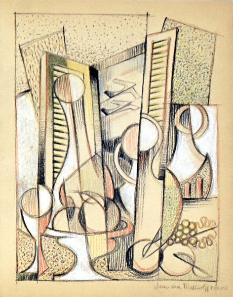 Leandra Mattioli (XX sec.) Composizione cubo futurista con frutta vasellame e aerei, matite grasse su carta, cm 24x30, firmato