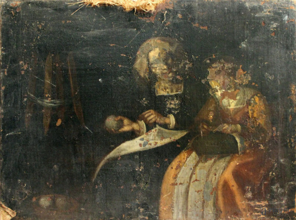 Interno con figure, olio su tela, XVIII sec., cm 66 x 50, entro cornice, difetti sulla tela.