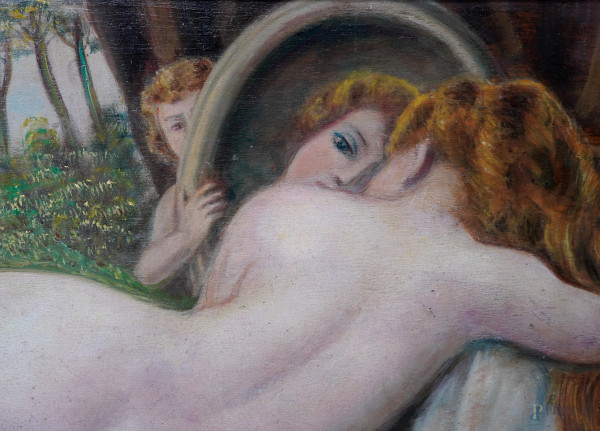 Venere allo specchio, XX secolo, olio su masonite, cm 26x47 entro cornice. Firmato in basso a des...