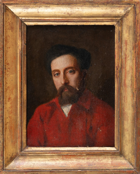 Ritratto di gentiluomo, XIX secolo, olio su tela, cm 21,5x16,5, entro cornice, (segni di usura, craquelure, cadute di colore, segni di battitura del telaio)