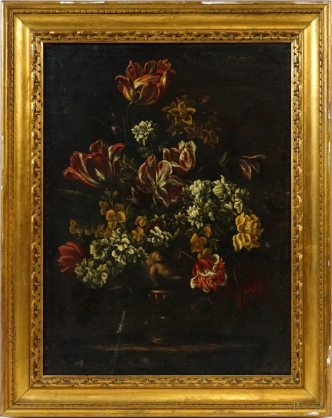 Pittore fiammingo del XVII secolo, Vaso con fiori, olio su tela, cm 65x49, entro cornice, (difetti)