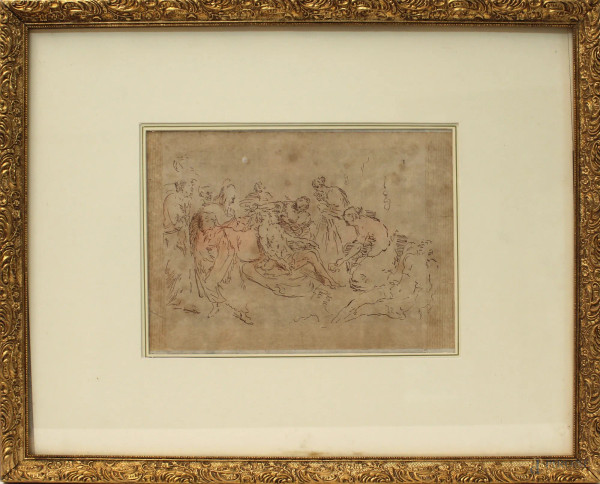 Il compianto di Cristo, disegno a china su carta, cm 20x27, XVIII sec., entro cornice.