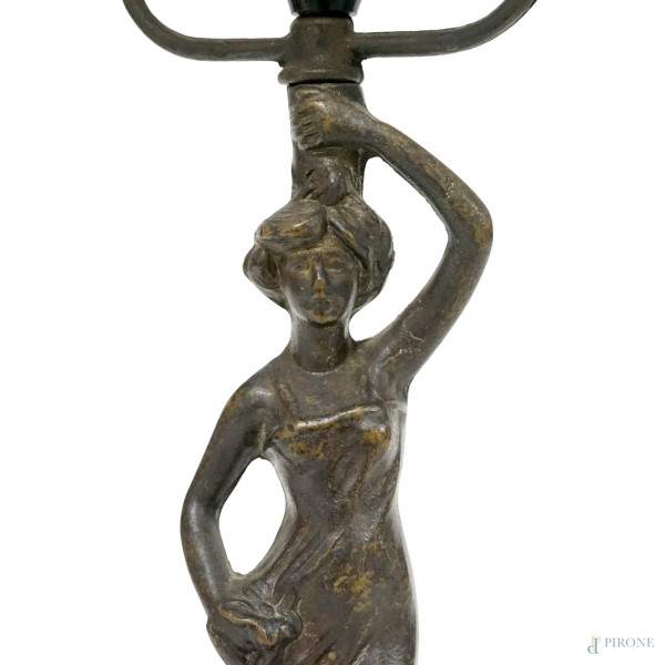 Lampada da tavolo in stile Liberty, in metallo brunito con perline, cm h 47 circa, (difetti)