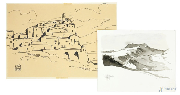 Aldo Riso - Alpi e Scorcio di borgo, due disegni a pennarello, china ed acquerello su carta, misure max cm 21x31, (lievi difetti).