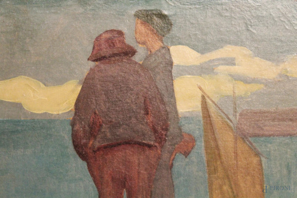 Cornelio Geranzani - Figure sulla banchina, dipinto ad olio su tela, cm 42,5 x 42,5, entro cornice.